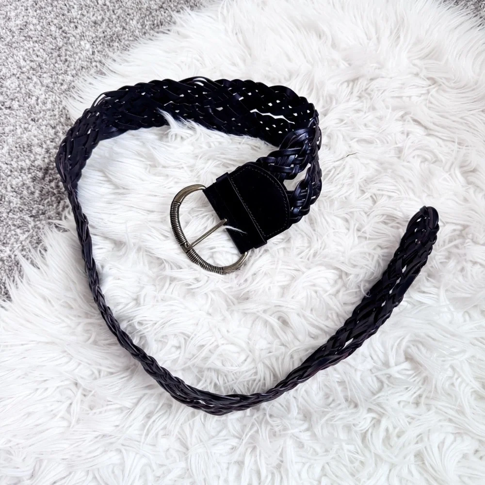 Dark Brown Braided Woven Belt Oversized Oval Buckle Boho Western L